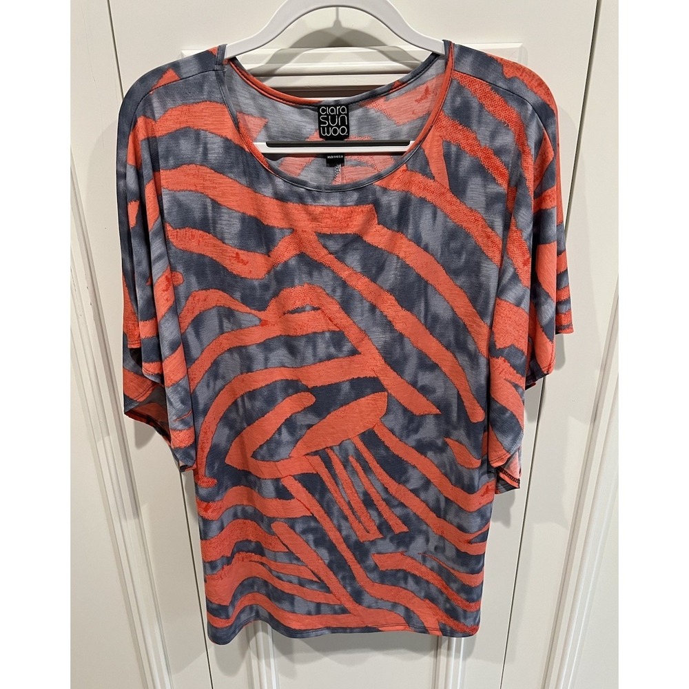 Clara Sun Woo Tunic Size XL Ruffle Sleeve Artsy Coral & Gray Zebra Print Stretch
